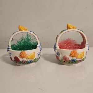 Floral Ceramic Easter Basket Set of 2 with Yellow Accents 5.5" Tall 4.5" wide